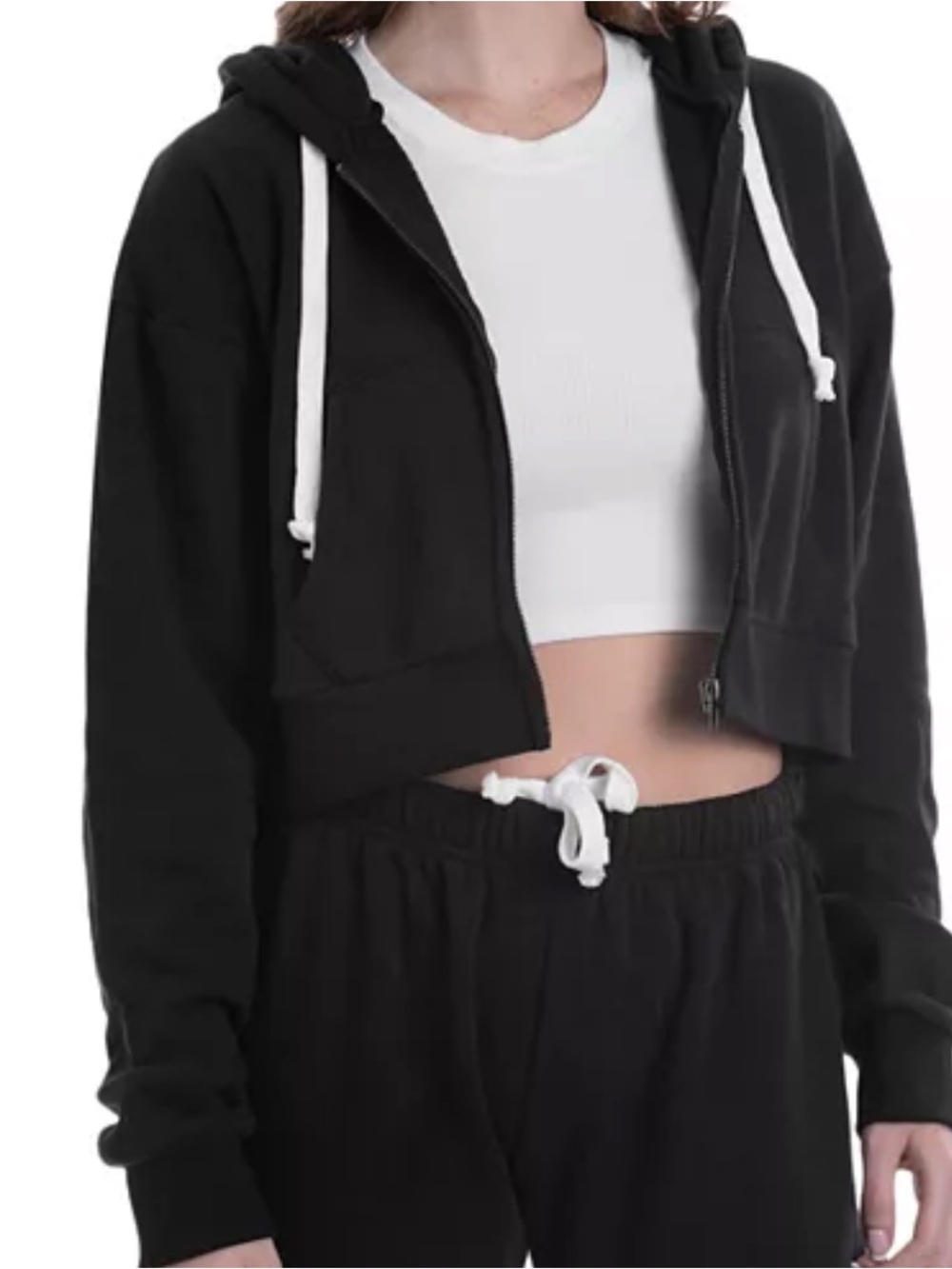 Katie J NYC Black Cropped Zip Hoodie with White Drawstrings